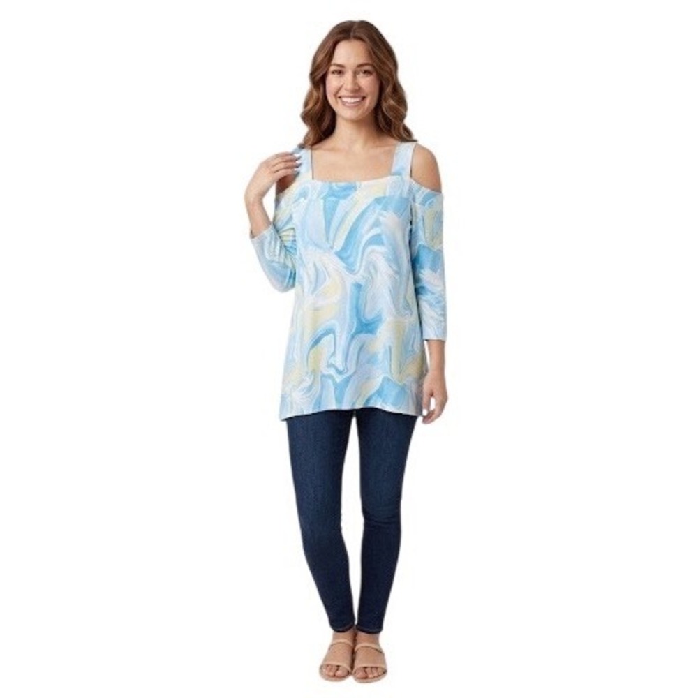 JM Collection Blue Yellow Marble Cold Shoulder Tunic Top Womens Small 3/4 Sleeve